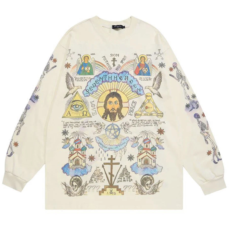 Men Retro Streetwear T Shirt Gods Graphic Hip Hop T-Shirt Cross Casual Tshirt Long Sleeve Cotton Tops Tees Unisex Hipster Beige