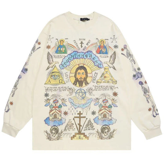 Men Retro Streetwear T Shirt Gods Graphic Hip Hop T-Shirt Cross Casual Tshirt Long Sleeve Cotton Tops Tees Unisex Hipster Beige