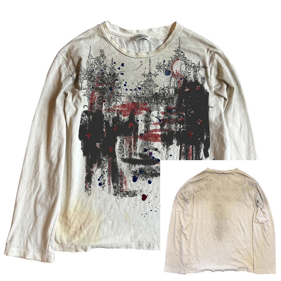 Vintage Oversized T-shirts Dark Gothic Loose Long Sleeve T Shirts Harajuku Streetwear Retro Tshirts Hip Hop Y2K Tee Tops