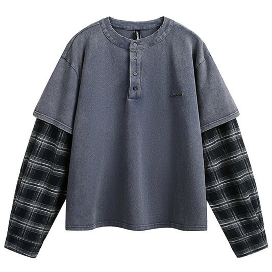 Men Vintage Fake Two Piece T Shirt Plaid Patchwork Long Sleeve Tshirt Tee Tops Streetwear Harajuku Hip Hop Oversized T-shirts