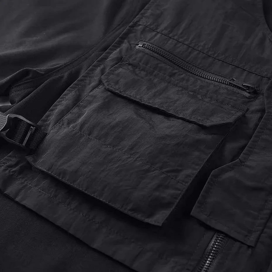 Men Fashion T Shirts Fake Two Piece Vest Patchwork Techwear Cyber T-shirt Tactical Cargo Tops Male Streetwear Hip Hop Tshirt