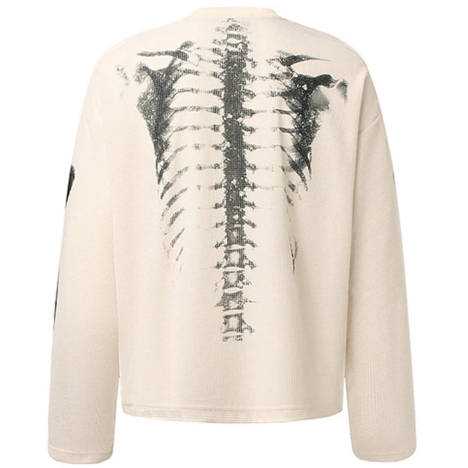 Skeleton Graphic T-shirts Men Streetwear Harajuku Hip Hop Oversized T Shirts Long Sleeve Tee Tops Black Beige