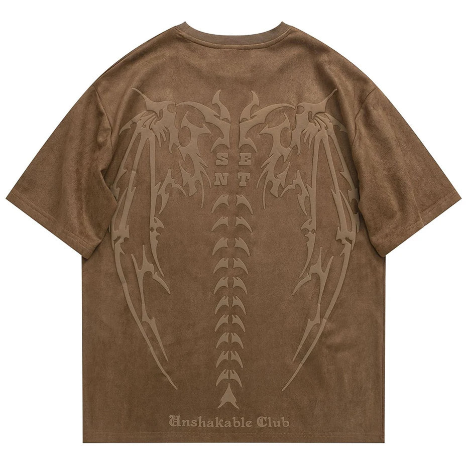 2026 Men Fashion Loose Suede T Shirts Skeleton Wings Graphic Harajuku Streetwear T-shirt Oversized Hip Hop Tshirt Unisex Tee Top