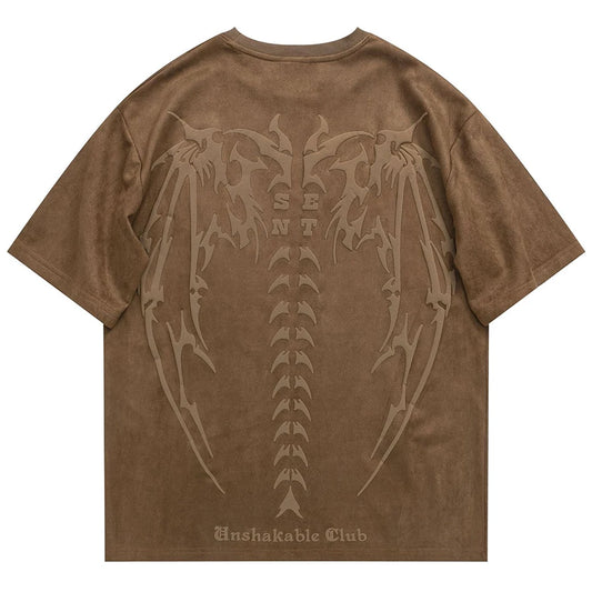 2026 Men Fashion Loose Suede T Shirts Skeleton Wings Graphic Harajuku Streetwear T-shirt Oversized Hip Hop Tshirt Unisex Tee Top