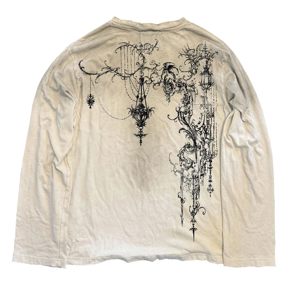 Hip Hop Men T-shirt Flower Graphic Vintage Long Sleeve Tshirts Gothic Punk Oversized Harajuku T Shirts Tee Tops