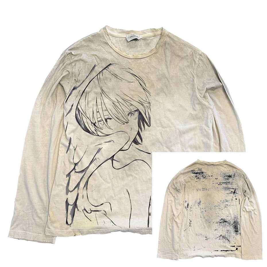 Vintage Oversized T-shirts Dark Gothic Loose Long Sleeve T Shirts Harajuku Streetwear Retro Tshirts Hip Hop Y2K Tee Tops