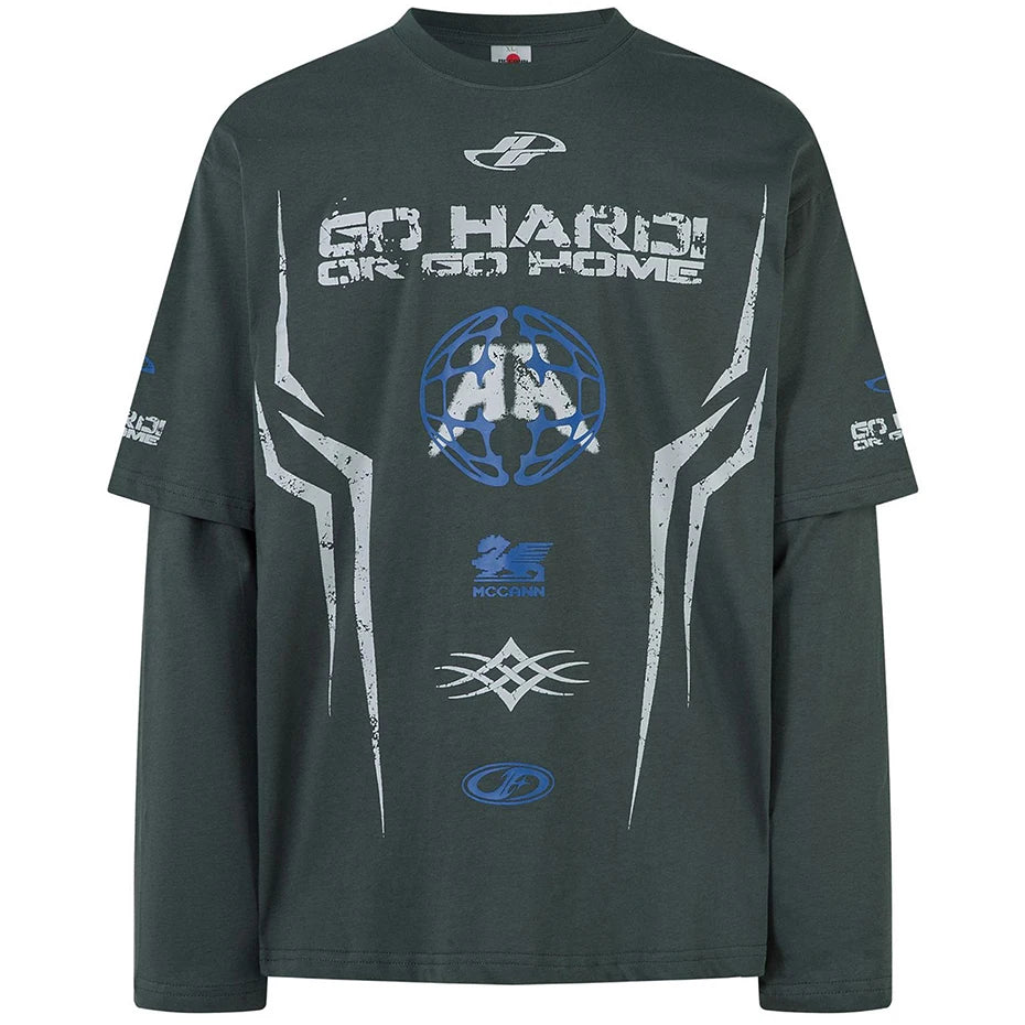 Harajuku Vintage Oversized T-shirts Streetwear Hip Hop Graphic Fake Two Piece T Shirts Men Loose Long Sleeve Tee Tops