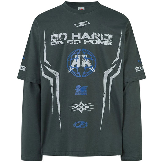 Harajuku Vintage Oversized T-shirts Streetwear Hip Hop Graphic Fake Two Piece T Shirts Men Loose Long Sleeve Tee Tops