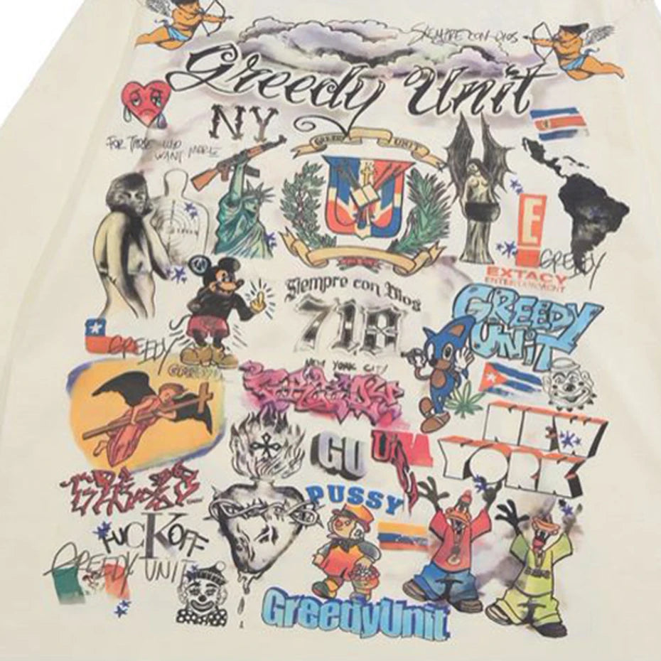 Men Retro Streetwear T Shirt Gods Graphic Hip Hop T-Shirt Cross Casual Tshirt Long Sleeve Cotton Tops Tees Unisex Hipster Beige