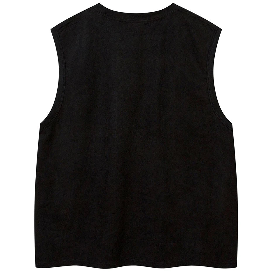 Vintage Suede Tank Top Y2K Embroidery Sleeveless Vest T-Shirt Streetwear 2026 Men Harajuku Hip Hop Loose Punk Gothic Tops Shirts