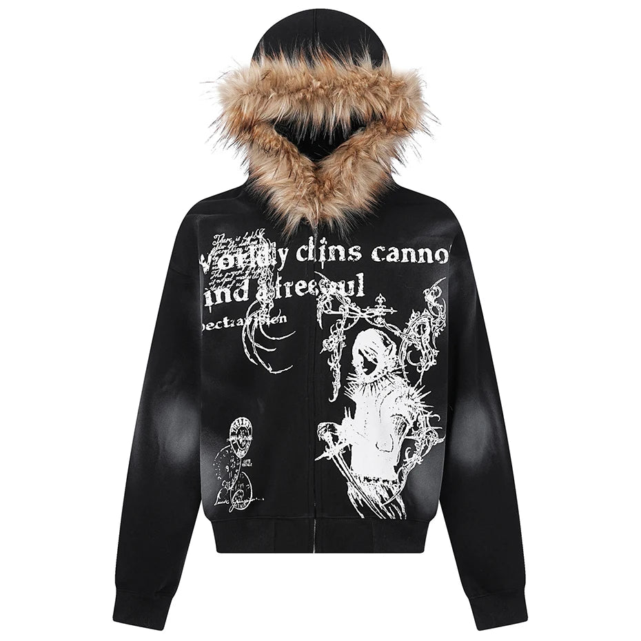 Fur Collar Hoodies Jackets Y2K Harajuku Oversized Hoodie Men Streetwear Hip Hop Loose Hooded Sweatshirts