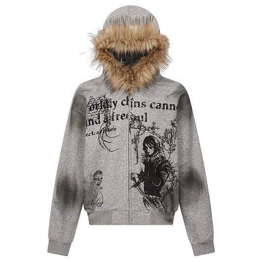 Fur Collar Hoodies Jackets Y2K Harajuku Oversized Hoodie Men Streetwear Hip Hop Loose Hooded Sweatshirts