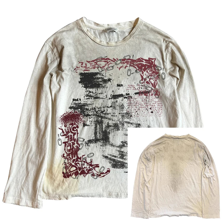 Vintage Oversized T-shirts Dark Gothic Loose Long Sleeve T Shirts Harajuku Streetwear Retro Tshirts Hip Hop Y2K Tee Tops