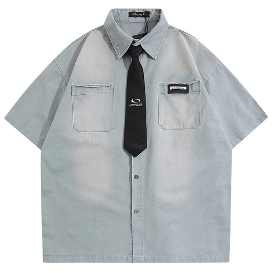 Vintage Shirts with Necktie Unisex Varsity Shirts Summer Loose Short Sleeve Button Up Blouse Hip Hop Oversized Y2K Shirts